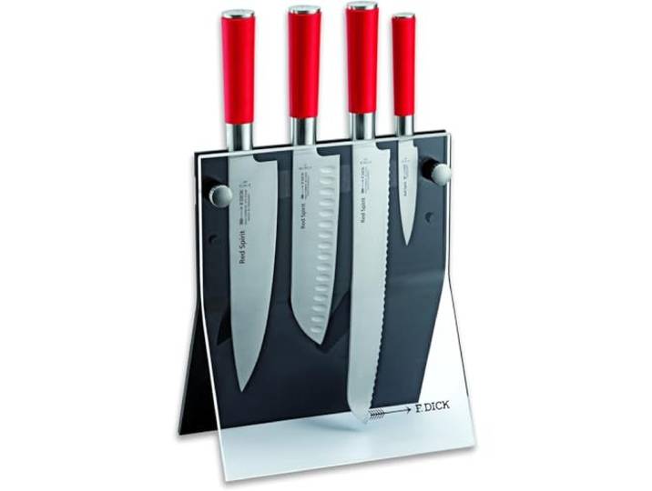 F. DICK Messerblock mit Messer, Red Spirit (Santoku, Kochmesser, Brotmesser, Officemesser, X55CrMo14 Stahl, 56° HRC) 8177200, 24 cm