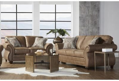 Roundhill Furniture Leinster Brown Fabric Nailhead Trim Sofa and Loveseat