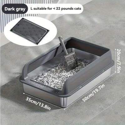 Inspired Finds KEMORELA Extra Large Stainless Steel Cat Litter Box With Lid Leak Proof High Sided Enclosed Litter Pan dark Grey 19.69in