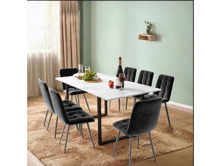 Table extensible 8 personnes en MDF white-toned ensemble repas contemporain avec 8 chaises grises