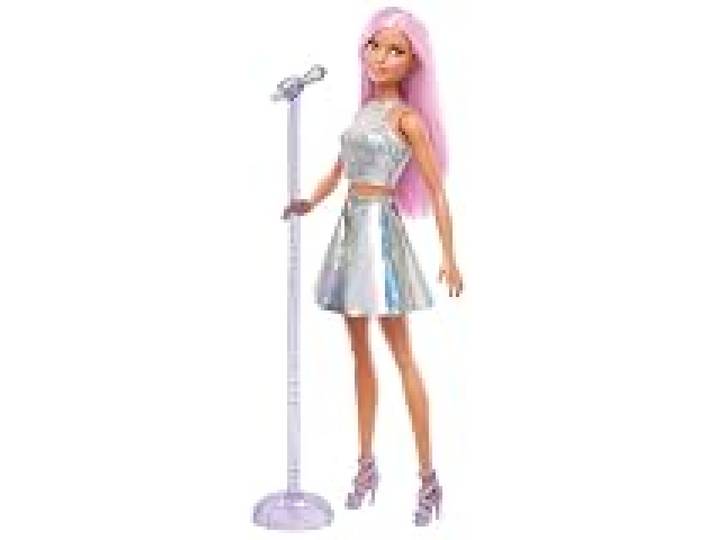 Barbie Coffret Barbie Pop Star, poupée vêtue d’une jupe irisée avec microphone et cheveux roses, cadeau pour enfants de 3 à 7 ans, JCW42