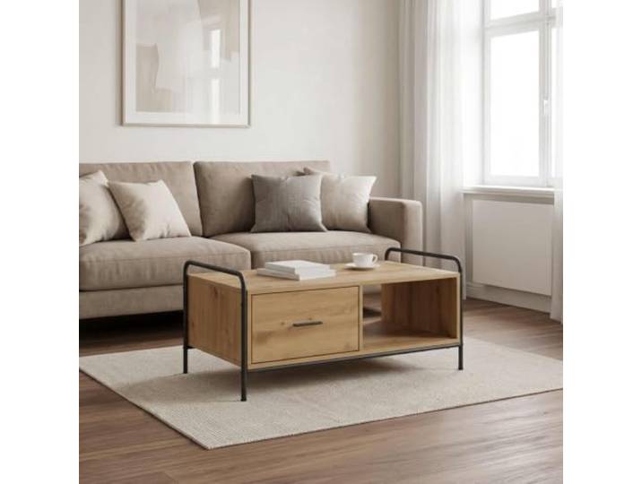 KUTYWEXFM Couchtisch Artisan-Eiche 90x49x41 cm Wohnzimmertisch Rechteckiger Beistelltisch mit Schublade und Stahlrahmen für Ordnung im Wohnzimmer oder Gästezimmer.