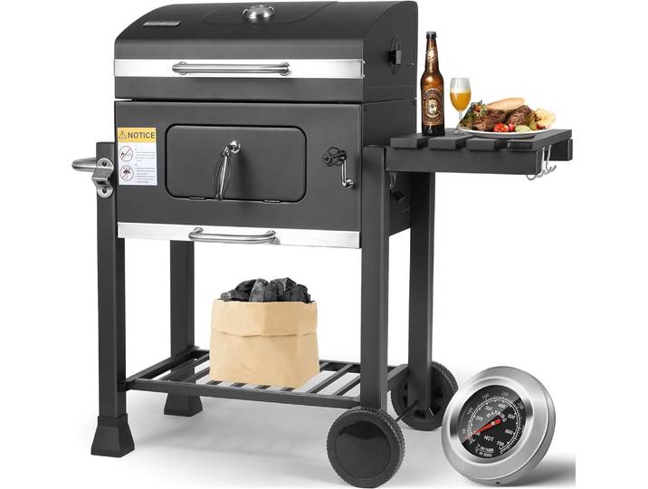 5 ~ 10 personnes Barbecue Camping charbon de bois Barbecue poêle 2 roues Configuration luxueuse jardin familial extérieur maison Barbecue gril