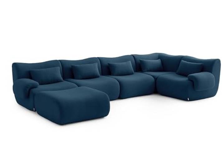 MILYsofa Modulares Wohnlandschaft, 5-Sitzer mit ottomane, Bouclé-Bezug Tiefblau, Abnehmbare Kissenbezüge (Tiefblau, Wohnlandschaft)