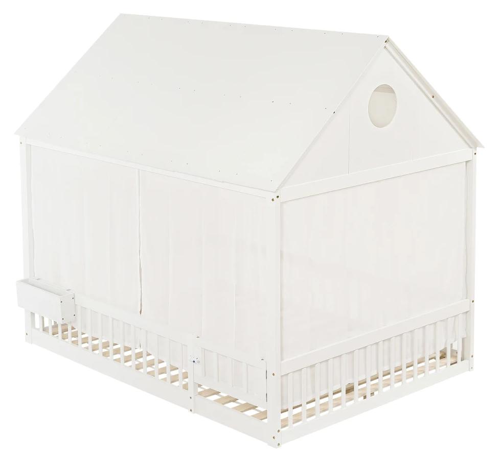 Einzelbett - Hausbett - 140 x 200 cm - Massivholz und MDF - Fenster- und Dachdetails - Weiße Vorhänge - Kleines Ablagefach - Weiß