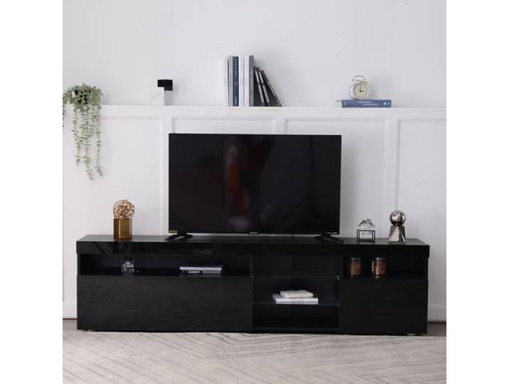 Meuble TV noir moderne 180x35x48 cm MDF panneau clair éclairage LED variable salon et salle à manger