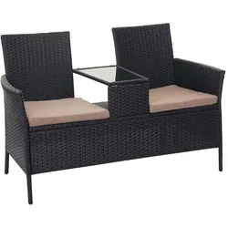 PROREGAL Poly-Rattan Sitzbank mit Tisch Gartenbank Sitzgruppe Gartensofa 132cm Schwarz Kissen Creme