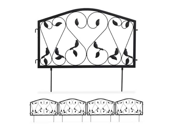Relaxdays Bordure Potager\, clôture Jardin 4 éléments\, Fer\, Antique\, Design Feuilles\, H x L : 33 x 225 cm\, Noir