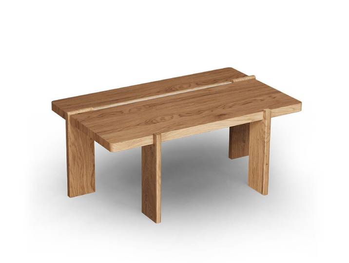 Feldmann-Wohnen Couchtisch Travertino (einzigartige Holzmaserung, Wildeiche Natur, mit Travertin Naturstein, 1-St., moderne Optik, einzigartige Holzmaserung), Massivholz Wildeiche Natur, mit Travertin Naturstein
