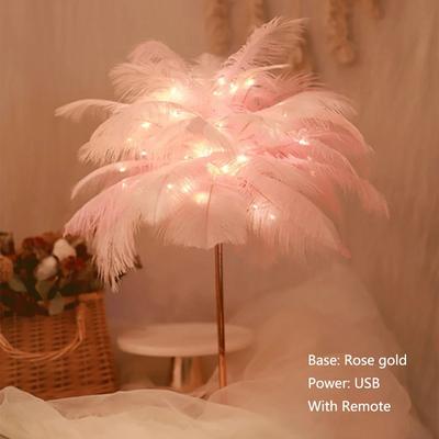 Inspired Living Feather Table Lamp With Remote Control, USB Table Lamp, Warm White LED Bedside Light usb Pink A