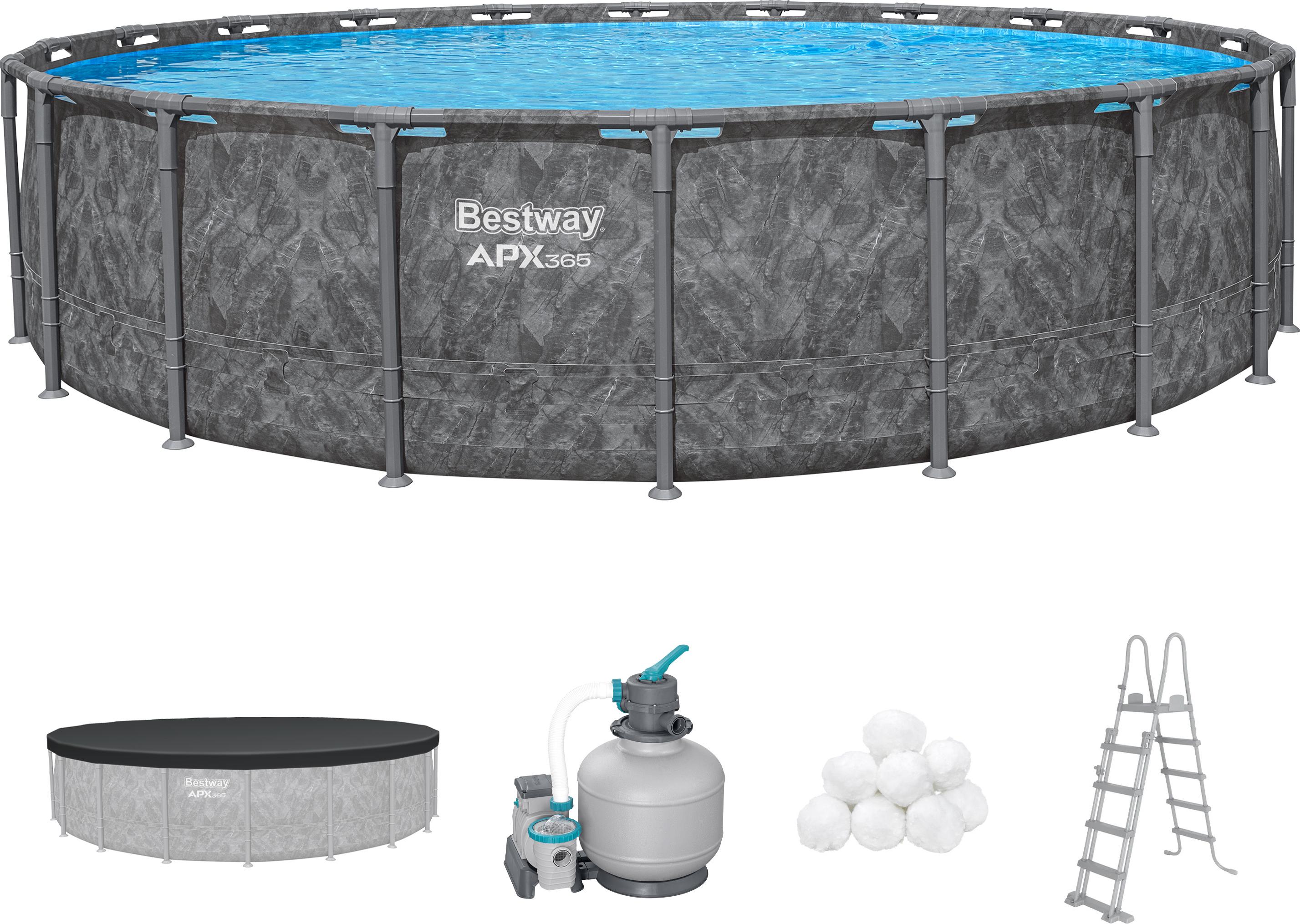 Bestway APX365 Winterfestes Frame Pool Komplett-Set mit Sandfilteranlage Ø 610 x 132 cm, Marmor-Optik (Dunkel), rund
