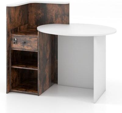 Costway Front Reception Office Desk with Open Shelf and Lockable Drawer-Rustic Brown