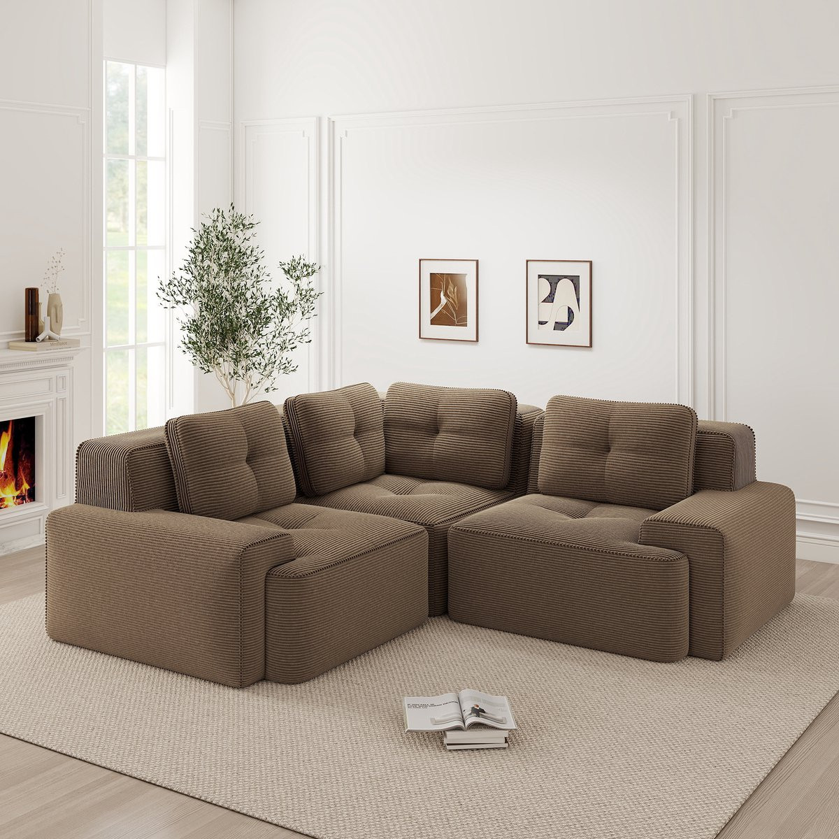 Modulaire Ribstof Hoekbank - 3 Zits Lounge Bank - Bruin