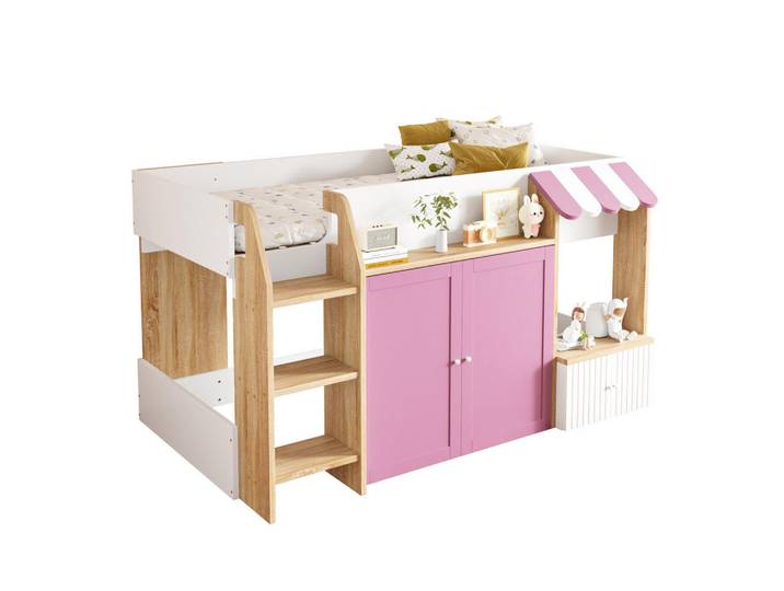 Modfu Hochbett aus Holz 90x200 cm in Rosa mit Leiter & Stauraum, 90x200 cm, Babymöbel & Kindermöbel, Kinderzimmer & Jugendzimmer, Kinderbetten, Hochbetten