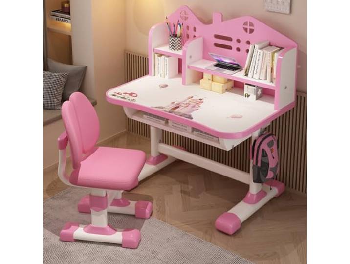 Kinder Tisch Stuhl Set, Höhenverstellbarer Schreibtisch für Mädchen & Jungs, Karikatur Kinderschreibtisch Mit Stuhl und Schublade (Rosa)