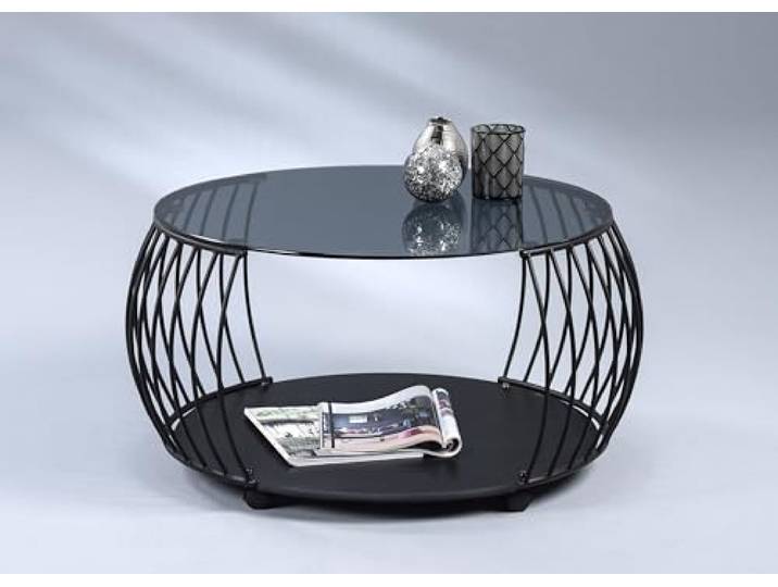 möbelando Couchtisch >Shanghai< in schwarz, Metall schwarz/Sicherheitsglas grau - 46 (H), 80cm Durchmesser