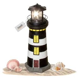 Lemodo Gartendeko Leuchtturm mit Solar schwarz/weiß, handbemalte Gartenfigur 37 cm hoch