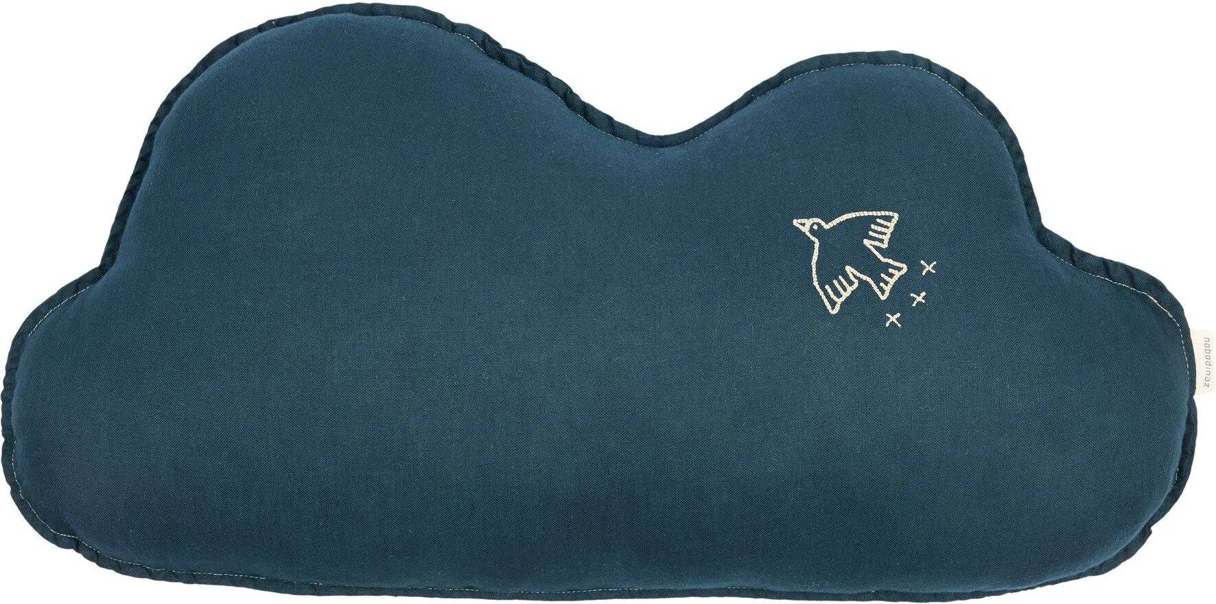 Nobodinoz Coussin Nuage avec broderie Oiseau - Lin Français Bleu nuit taille unique