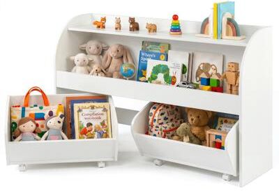Costway Kids Toy Storage Organizer with 2 Rolling Drawers & 3-Tier Bookshelf for Playroom-White