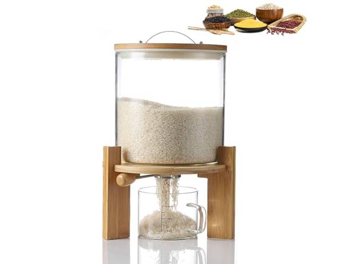 BOVDC Reisspender, Müslispender Glas Küche, 5/7.5L, Lebensmittelspender mit 500ml Messbecher, Cerealien Vorratsdosen mit Deckel Luftdicht für Platzsparende (5L)
