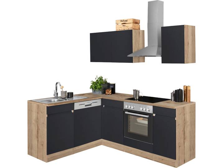 Küchenzeile OPTIFIT Roth , grau (küche: grau, front: anthrazit, korpus: wildeichefarben, arbeitsplatte: wildeichefarben), B:210cm T:60cm, Komplettküchen-Sets, Küchenzeile, Stellmasse 210x175 cm,wahlweise mit E-Geräten, Push-to-Open-Funktion