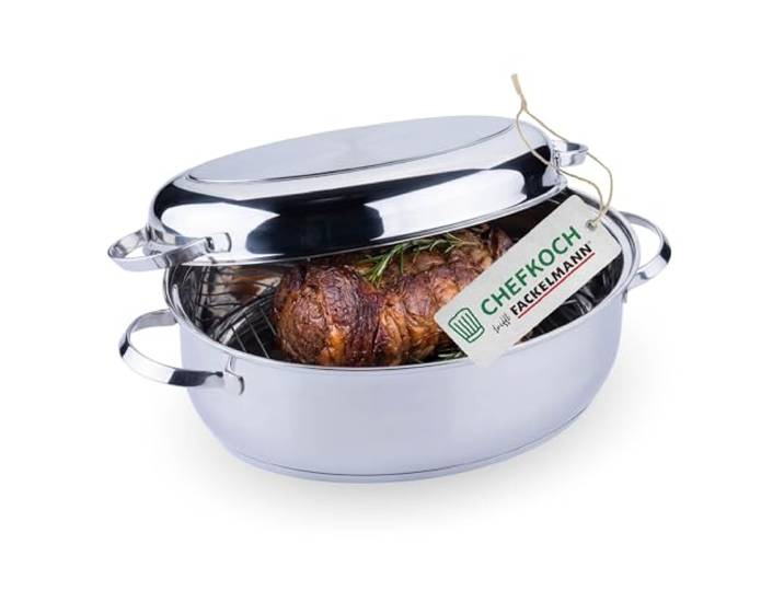 Chefkoch trifft Fackelmann Bräter Rosenheim – Ø38 cm, mit Edelstahldeckel, Gussgriff und Rosteinsatz, für alle Herdarten, Spülmaschinengeeignet