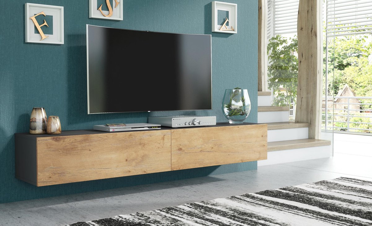 Pro-meubels Zwevend Tv-meubel Tunis Antraciet Eiken Breedte: 200 cm, Diepte: 100 cm