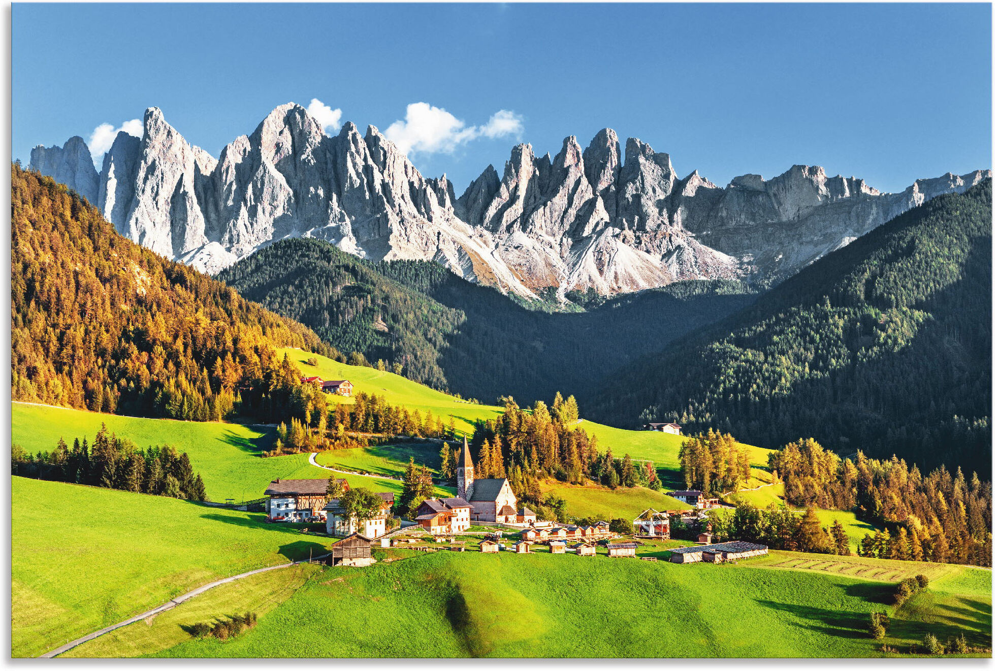 Wandbild ARTLAND "Alpen Berge Santa Maddalena", grün (farbe bild(er): grün), B:120cm H:80cm, Bilder, Wandbild, als Alubild, Leinwandbild, Poster in verschied. Grössen farbe bild(er): grün B/H/T: 120cm x 80cm, Alu-Dibond-Druck Berge & Alpenbilder Querforma
