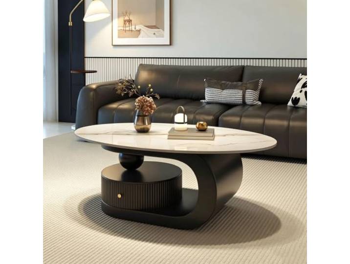 Couchtisch Oval Im Italienischen Luxus Design,Eleganter Ovaler Couchtisch mit Sinterstein Oberfläche und Schwarzem Carbonstahl Rahmen,mit Runder Schublade für Wohnzimmer D,100CM