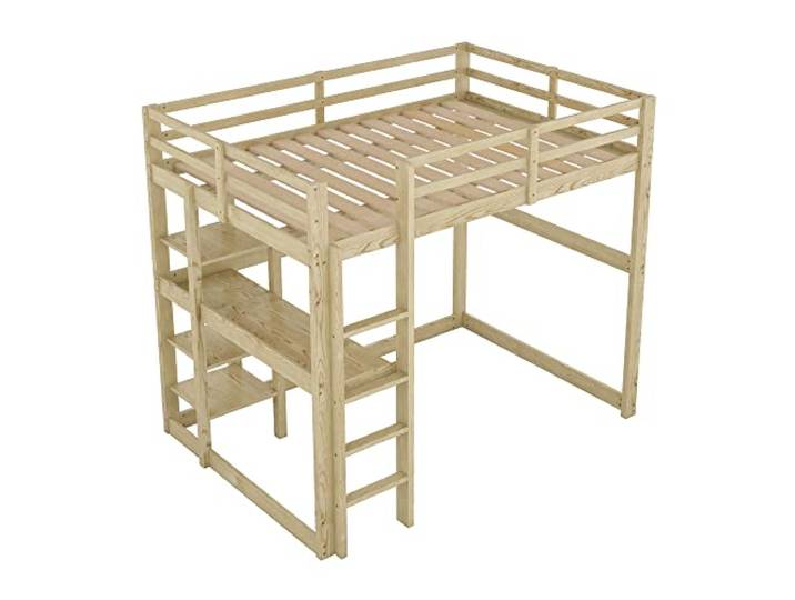 WEALTHKING Hochbett Bettgestell mit integriertem Schreibtisch und 4 Ablagefächern komplett aus massivem Kiefernholz,Liegefläche mit Stabiler Leiter und Geländer, modernes Möbelstück (Natur,140x200cm)