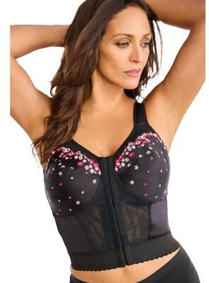 Plus Size Women's Embroidered Front-Close Longline Posture Bra by Comfort Choice in Black Embroidery (Size 42 DD)