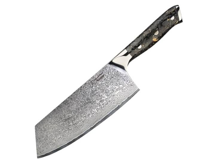 Tsume Chai Dao Hackbeil Messer Carbon Gold, Klingenlänge 18cm, Echtes Damast Küchenmesser mit Karbonfasern und Blattgold, 67 Schichten VG10 Edelstahlkern mit Kunstharz Handgriff, Rasiermesserscharf