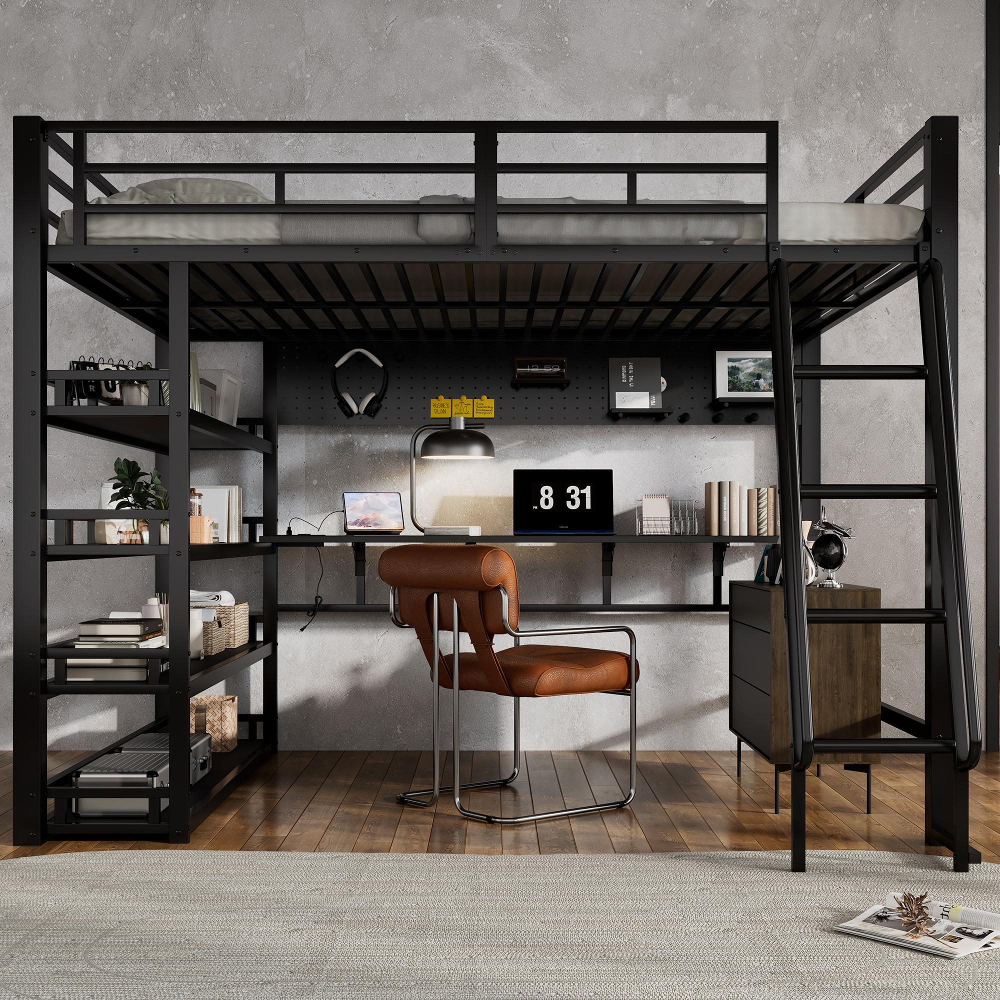 Flieks Etagenbett 140x200cm mit Schreibtisch und Ladefunktion, Hochbett Doppelbett mit Regal, Jugendbett Kinderbett Metallbett mit Leiter, Schwarz