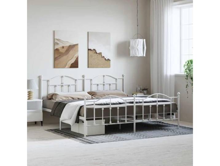 Pulverbeschichteter Stahl mit Lattenrost klassisches Design Metallbett Weiß Bettgestell Metall Weiß 193x203 cm mit Kopf- und Fußteil Stahlbett mit Lattenrost und Stauraum
