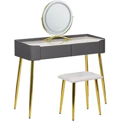 SCHMINKTISCH mit rundem LED-Spiegel Hocker 2 Schubladen grau/gold Surin