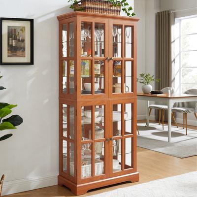 GREATPLANINC Lighted Curio Display Cabinet, Accent Cabinet with Mirrored Back Pane, Display Cabinet with 4 Glass Doors & Adjustable Shelves