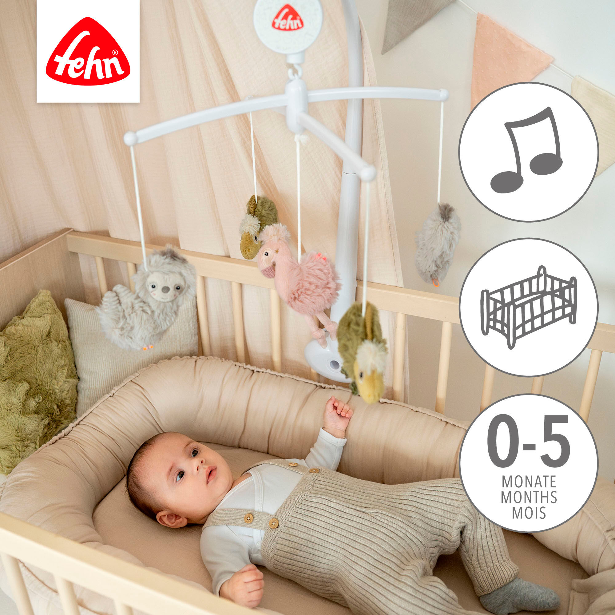 Mobile FEHN "Lazy, Crazy & Pink, Musik-Mobile", bunt, Mobilés, BabyB:40cm H:2,8cm L:56cm, Plüsch, Softvelour, Mobile, mit mechanischem Spielwerk, B:40cm H:2,8cm L:56cm