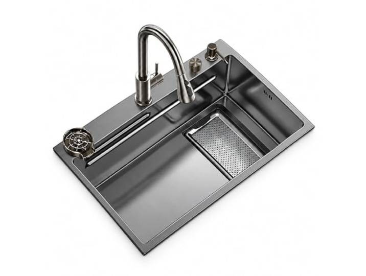 Schwarze Küchenspüle Edelstahl mit Wasserfall, Multifunktional mit LED Durchdachte Küchenstation für komfortables Spülen, Waschen und Vorbereiten mit vielseitiger Ausstattung