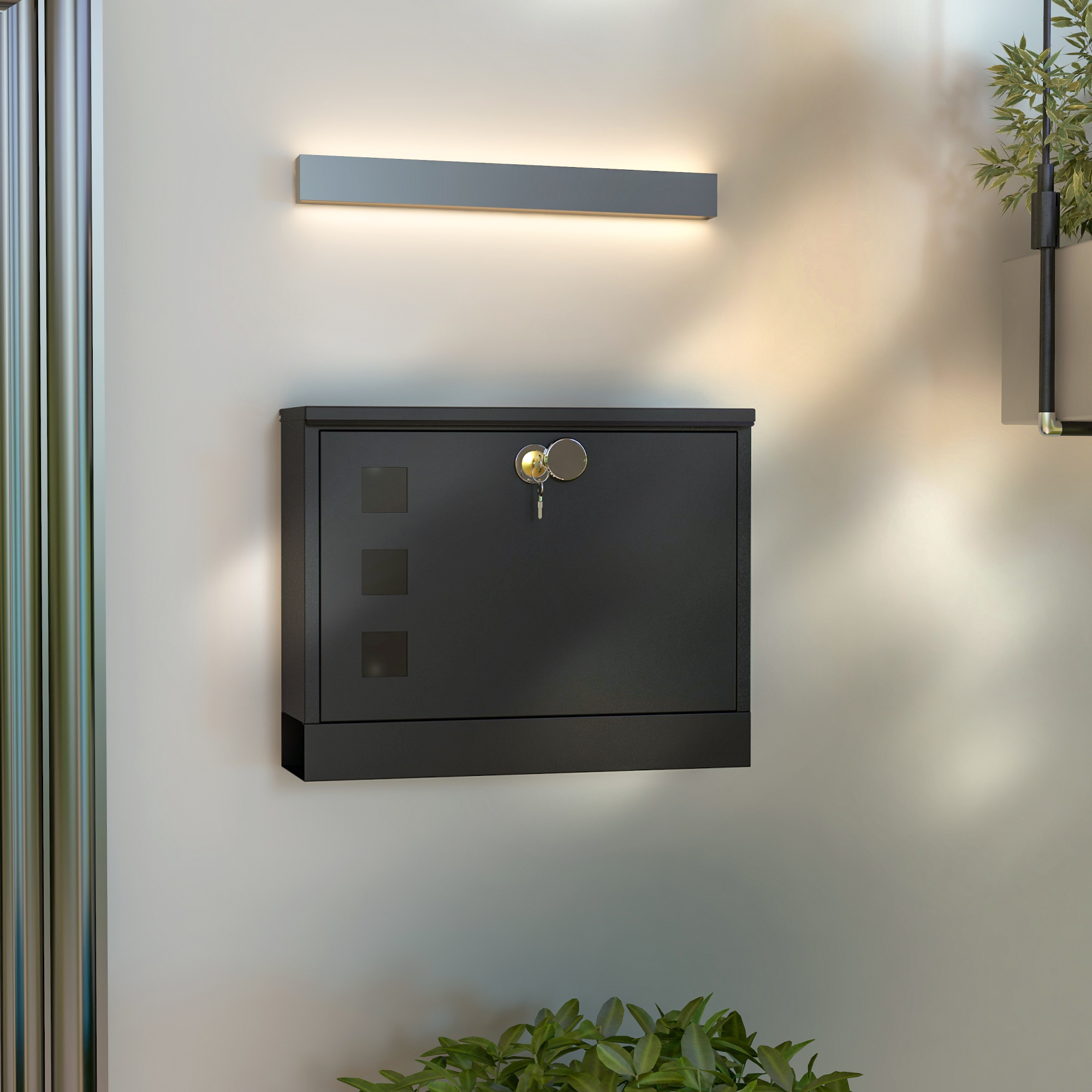 Homcom Cassetta Postale in Metallo con 2 Chiavi di Sicurezza, 3 Finestre e Foro di Drenaggio, 36.5x11.5x29 cm, Nera Aosom