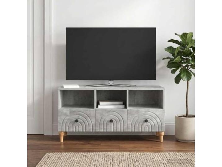 TV-Schrank 102 x 34,5 x 50 cm Betongrau Holzwerkstoff mit Schubladen Moderner Stil, gestreiftes Randmuster, vielseitige Fächer, robuste Konstruktion, pflegeleichte Oberfläche