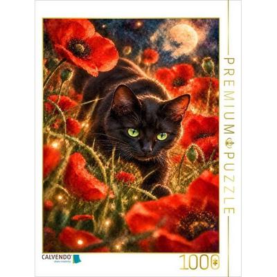 CALVENDO Puzzle Sommerpirsch im Mohnfeld Athletische schwarze Bombaykatze | 1000 Teile Lege-Größe 64 × 48 cm Foto-Puzzle für glückliche Stunden
