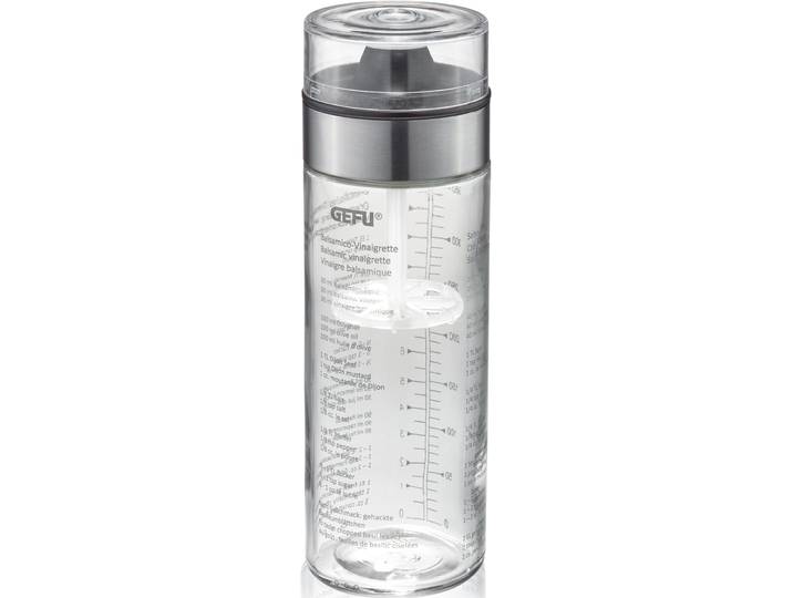 Dressing Shaker GEFU MIX , silber (transparent, silberfarben, schwarz), H:20,3cm Ø:6,7cm, Glas, Kunststoff, Shaker, Dressing Shaker, Doppelskala (ml/oz), auslaufsicher, 350 ml