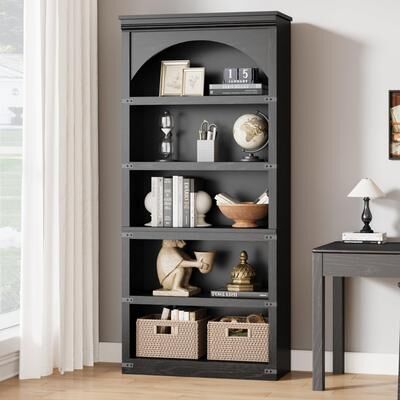 "Garvee 68.7"" Arched 5-Shelf Bookcase, Tall Farmhouse Wooden Open Storage Bookshelf with Curved Design"