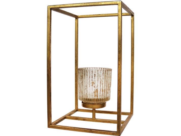 Teelichthalter CREATIV DECO Weihnachtsdeko , gold (goldfarben), B:18cm H:30cm T:18cm, Metall, Kerzenhalter, Teelichthalter, Glas mit Reliefstruktur
