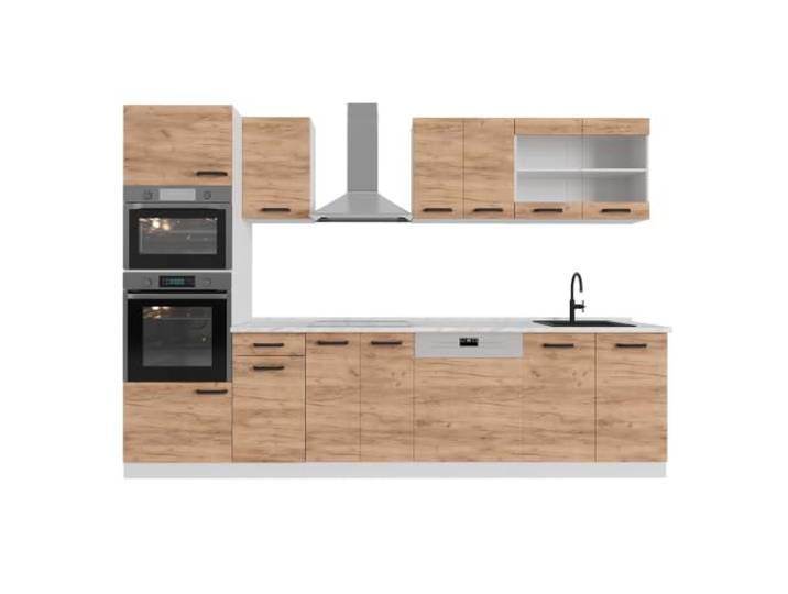 Vicco Küchenzeile R-Line, Goldkraft Eiche, 300 cm 8 Module · Höhenverstellbare Füße · Arbeitsplatte Anthrazit · Robuste Fronten · Mit Backofen-/Mikrowellenschrank