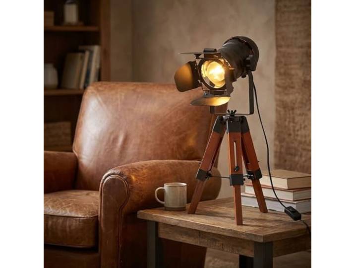 Alpinaluz Lampe de Table Vintage Style Cinéma Industriel avec Trépied Bois Réglable\, Spot Noir Orientable et Douille E27 pour Salon et Chambre