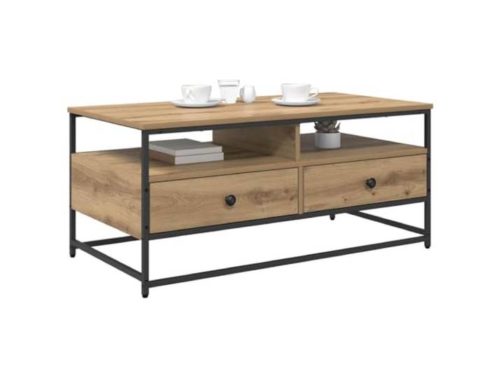 KTHLBRH Couchtisch Eiche Handwerk 100 x 51 x 45 cm Mehrschichtholz, 2 Schubladen, 2 Einlegeböden, Beine aus Stahl, einfache Montage