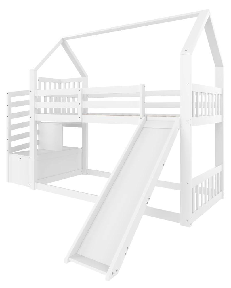 Etagenbett mit Treppe und Rutsche - Hausförmiges Kinderbett - Sicherheitsgitter - Ohne Matratze - Weiß