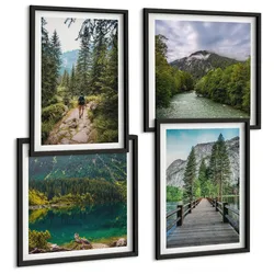BILDER SET 4er Set - 50x50 cm & 40x60 cm Schwarzer Rahmen - Berge, Seen, Wälder, Wege