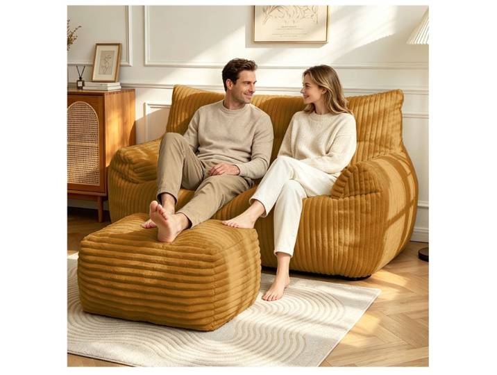 MEUBLIV Fauteuil pouf géant avec ottoman velours côtelé jaune livré monté